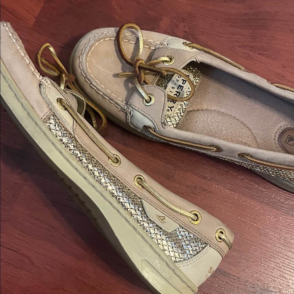 Sperry Beige and Gold Glitter Loafers